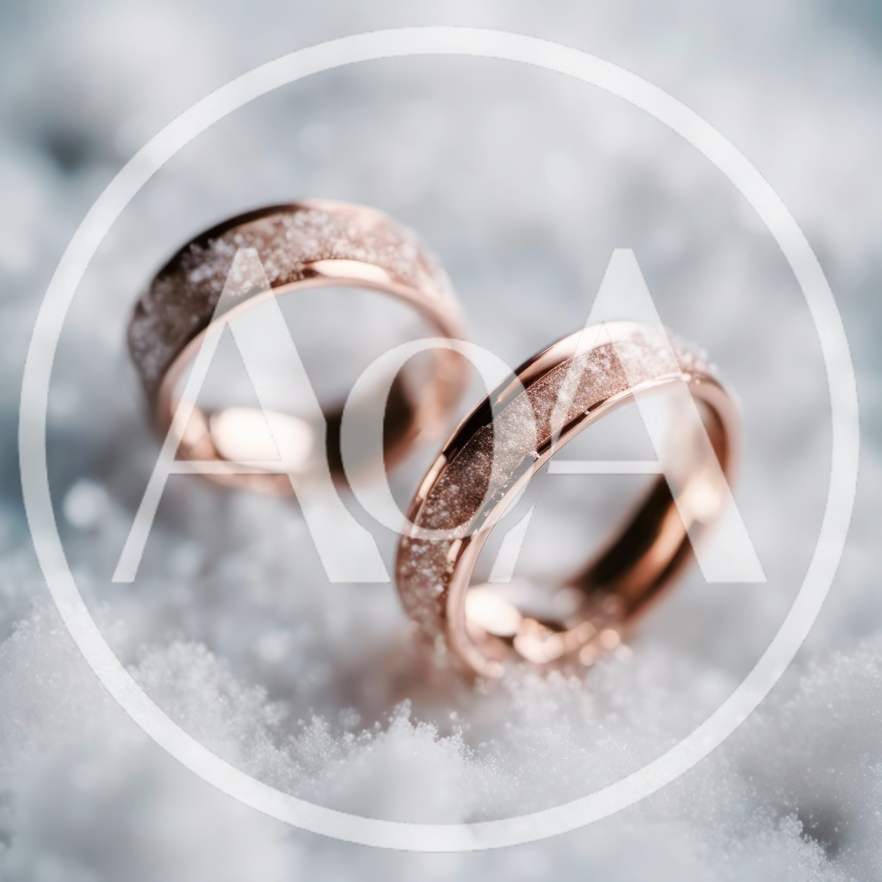 Two Rose Gold Wedding Rings Resting In Fresh Snow
