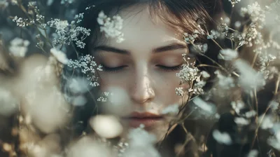 Young Woman With Closed Eyes Surrounded By White Flowers