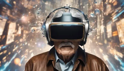 Elderly Man Wearing Futuristic Virtual Reality Headset