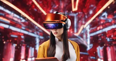 Young Woman Wearing Futuristic VR Headset In Digital Space