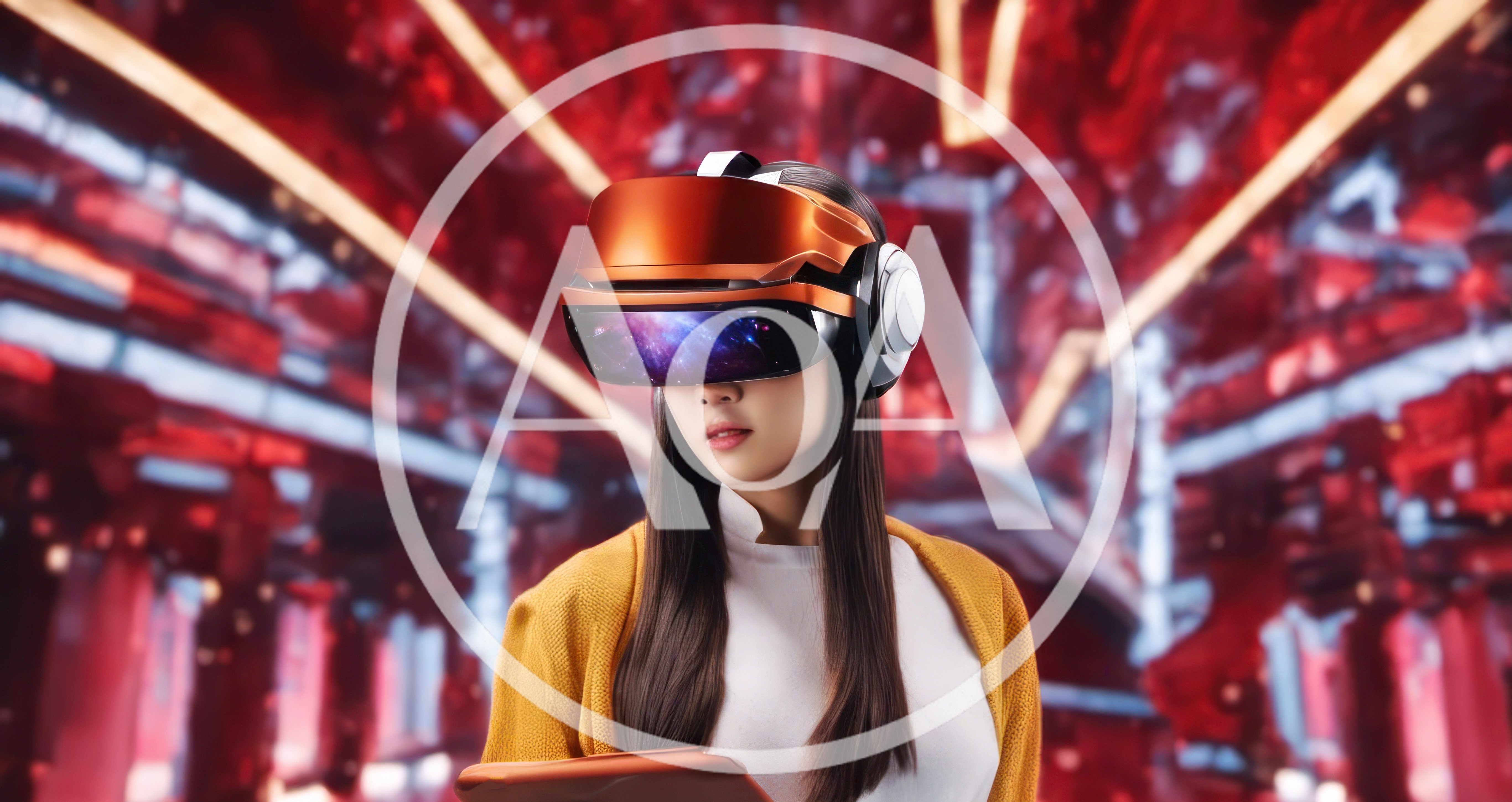 Young Woman Wearing Futuristic VR Headset In Digital Space