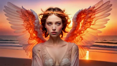 Ethereal Angel With Glowing Wings At Sunset Beach