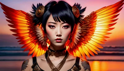 Portrait Of A Mythical Phoenix Goddess At Sunset