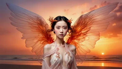 Ethereal Angelic Woman With Translucent Wings At Sunset