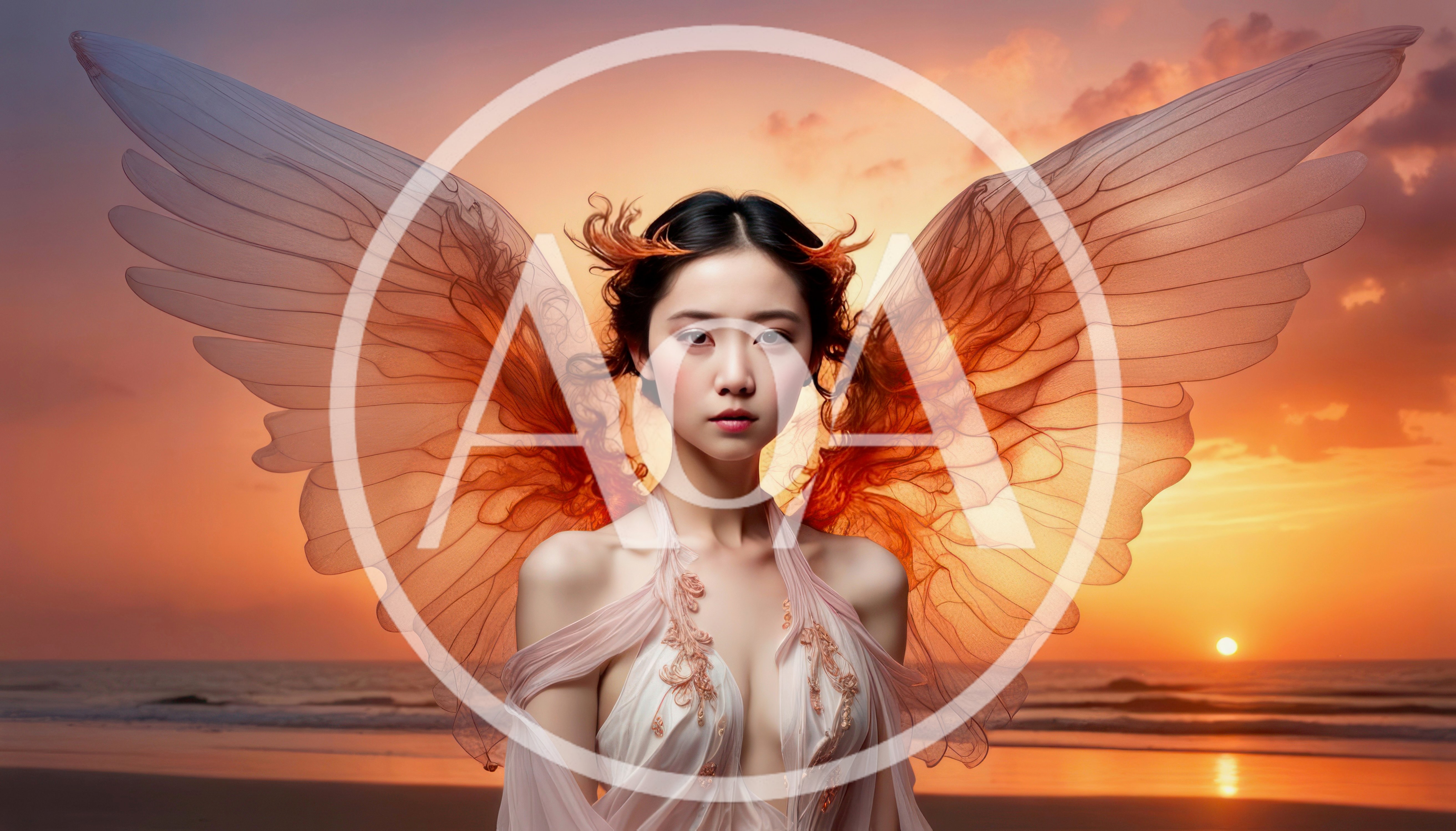 Ethereal Angelic Woman With Translucent Wings At Sunset
