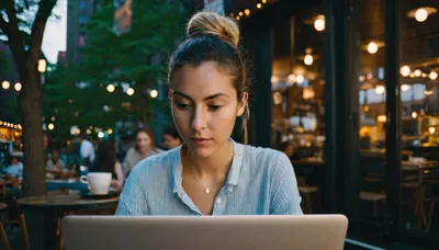 Young Woman Working On Laptop At Outdoor Cafe
