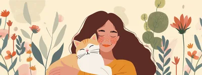 Young Woman Embracing Her Cat In A Floral Setting