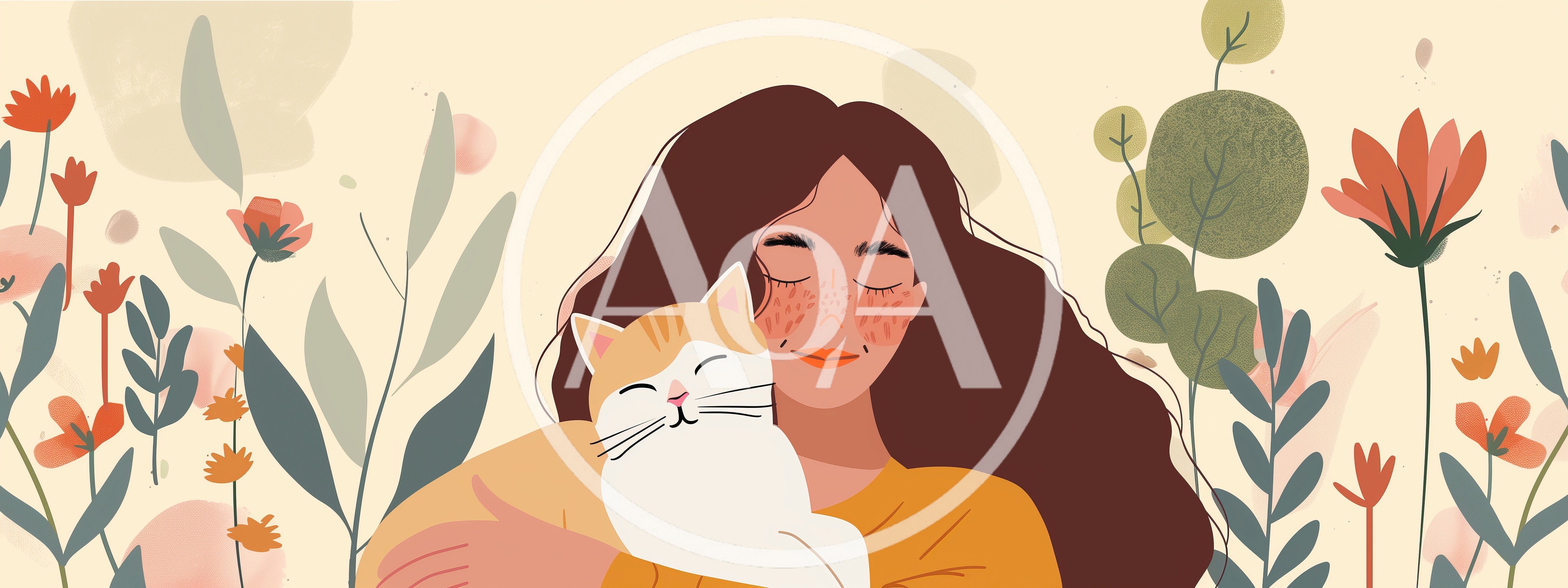 Young Woman Embracing Her Cat In A Floral Setting