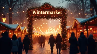 Crowd Walking Through Festive Winter Market Entrance