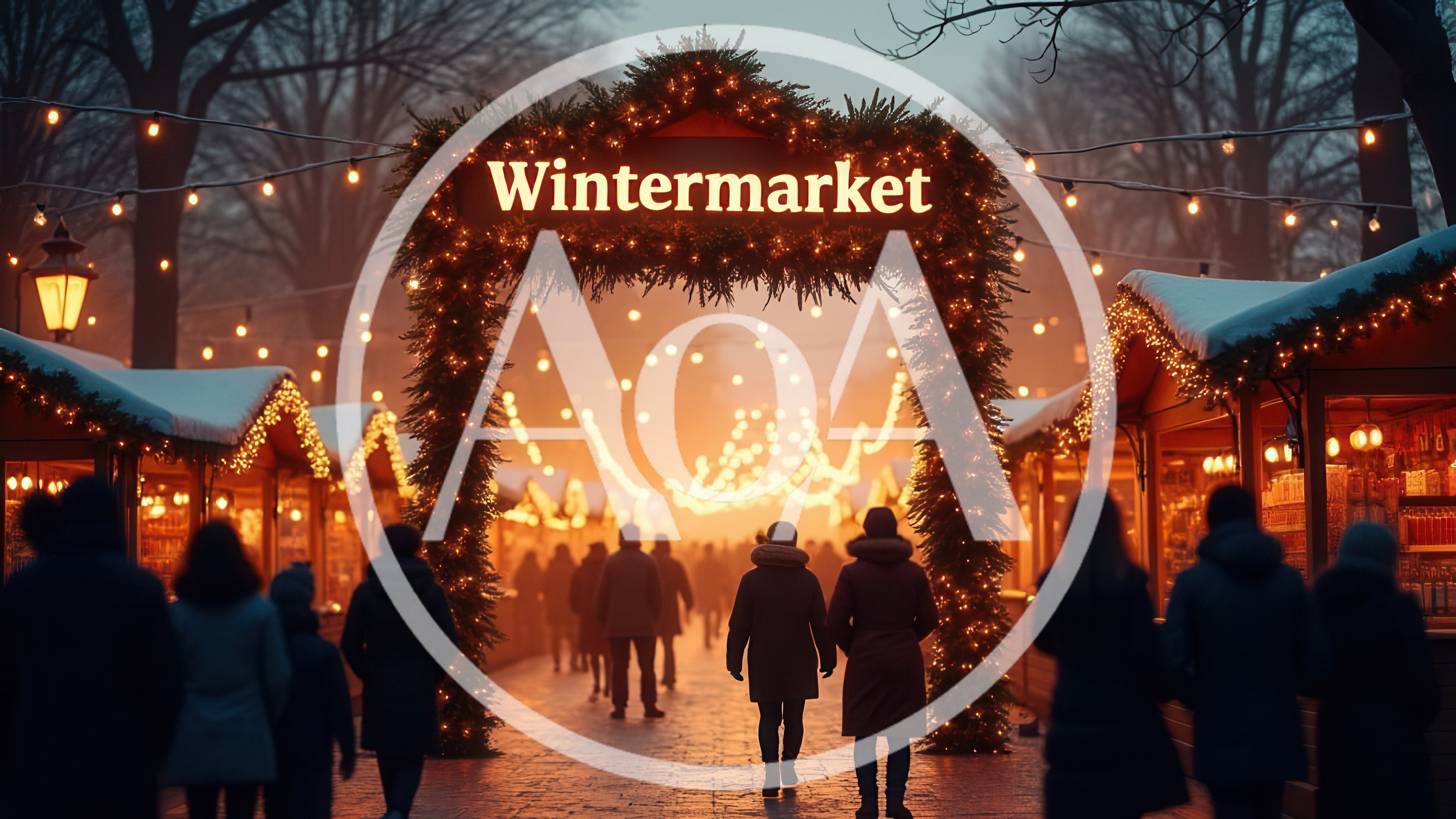 Crowd Walking Through Festive Winter Market Entrance