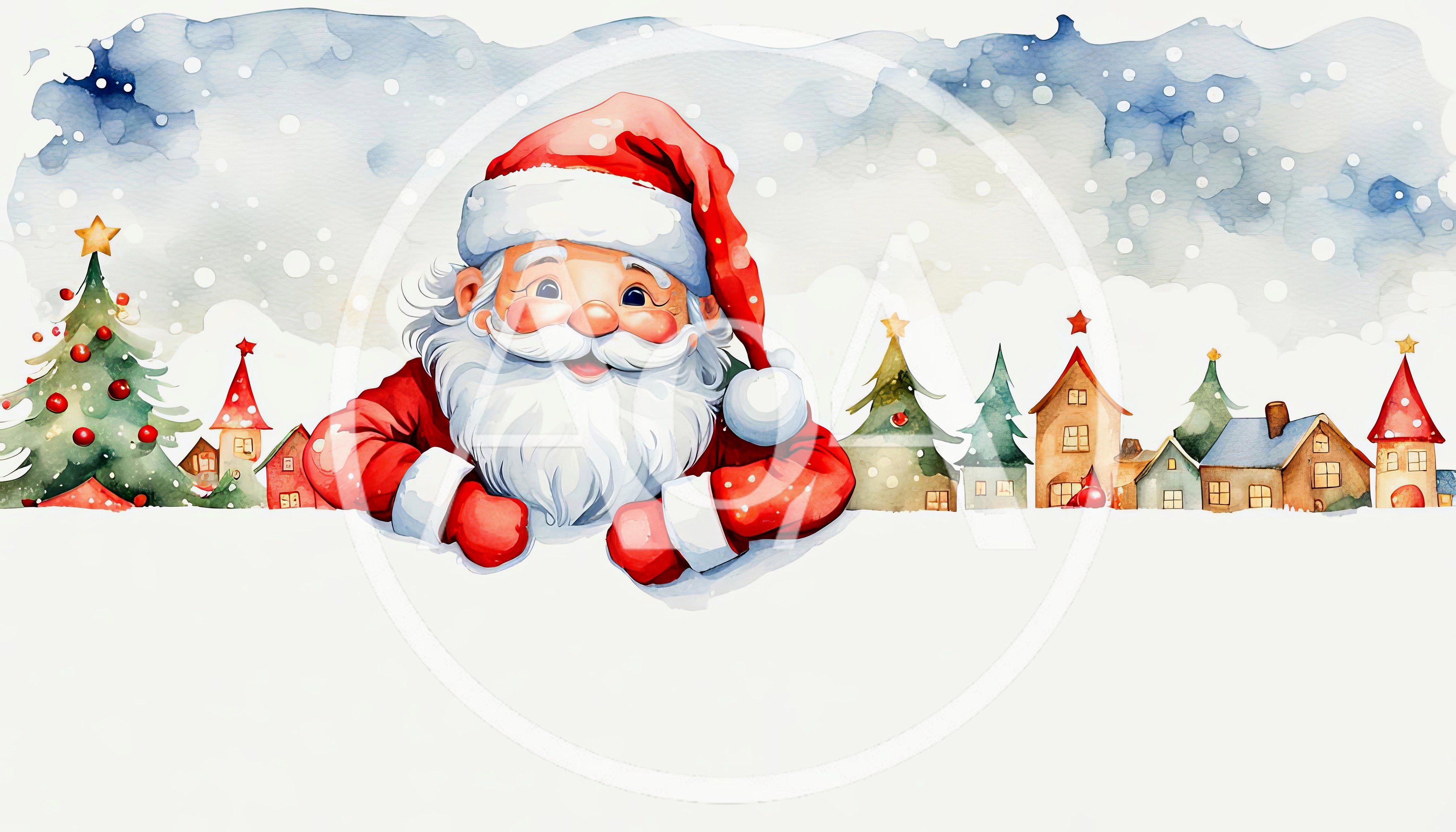 Watercolor Santa Claus Peeking Over Blank Snow Banner