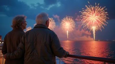 Senior Couple Watching Fireworks From A Cruise Ship Deck