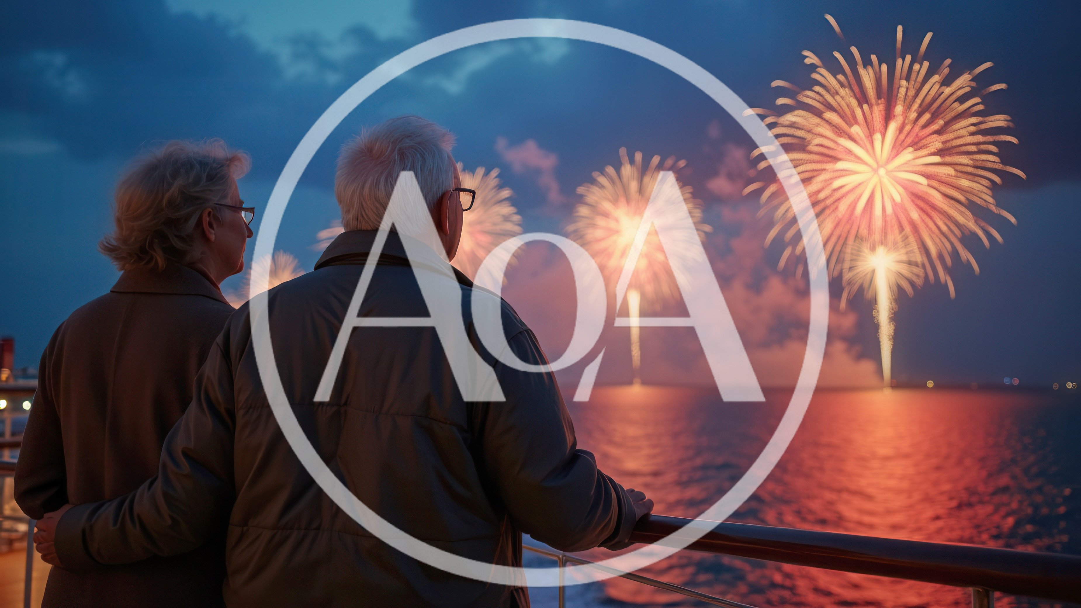 Senior Couple Watching Fireworks From A Cruise Ship Deck