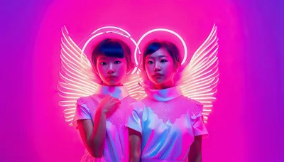 Two Young Asian Girls With Neon Angel Wings