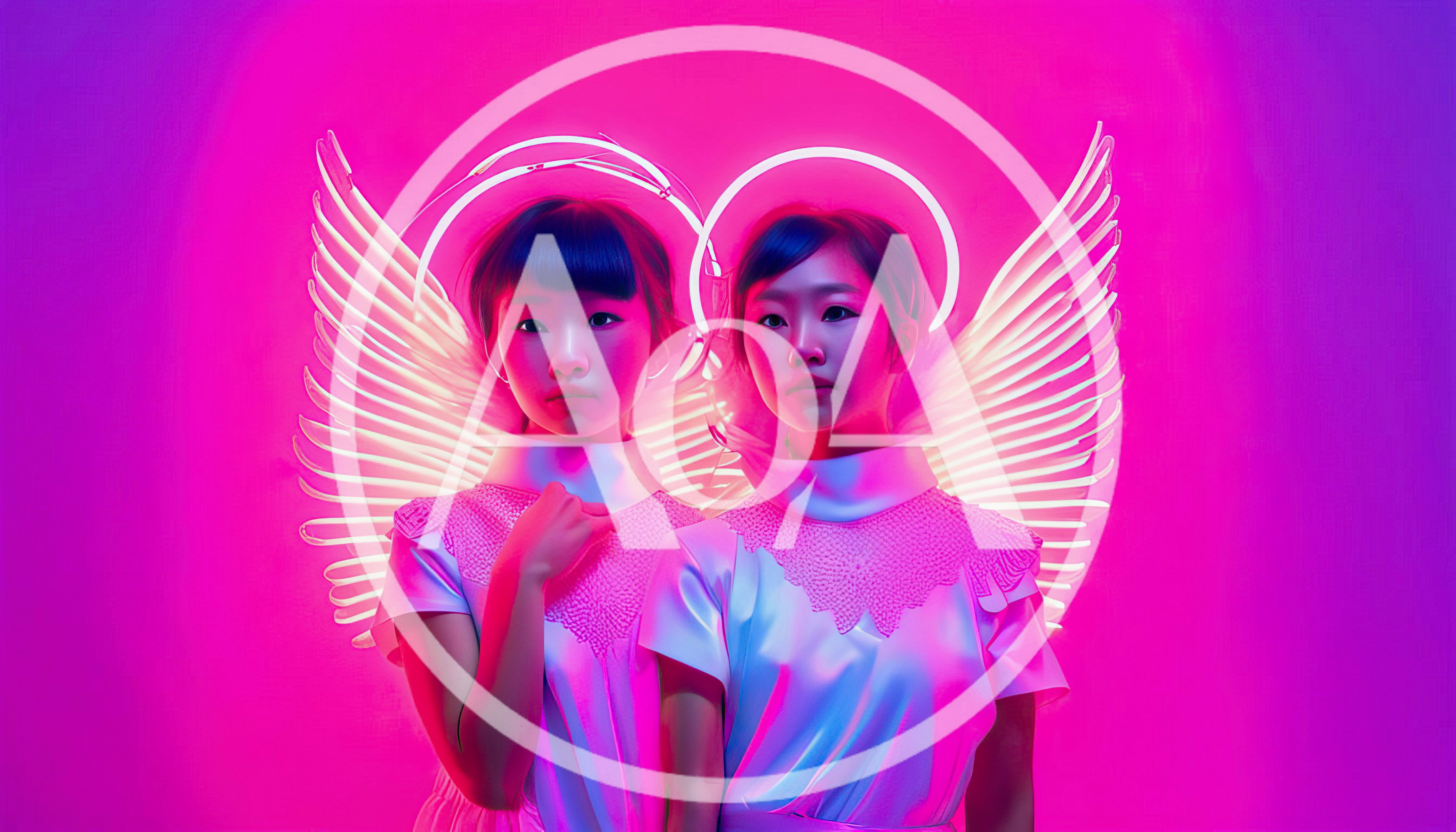 Two Young Asian Girls With Neon Angel Wings