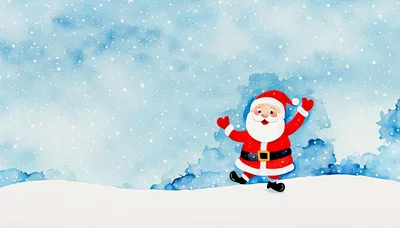 Watercolor Illustration Of Santa Claus Waving In Snow