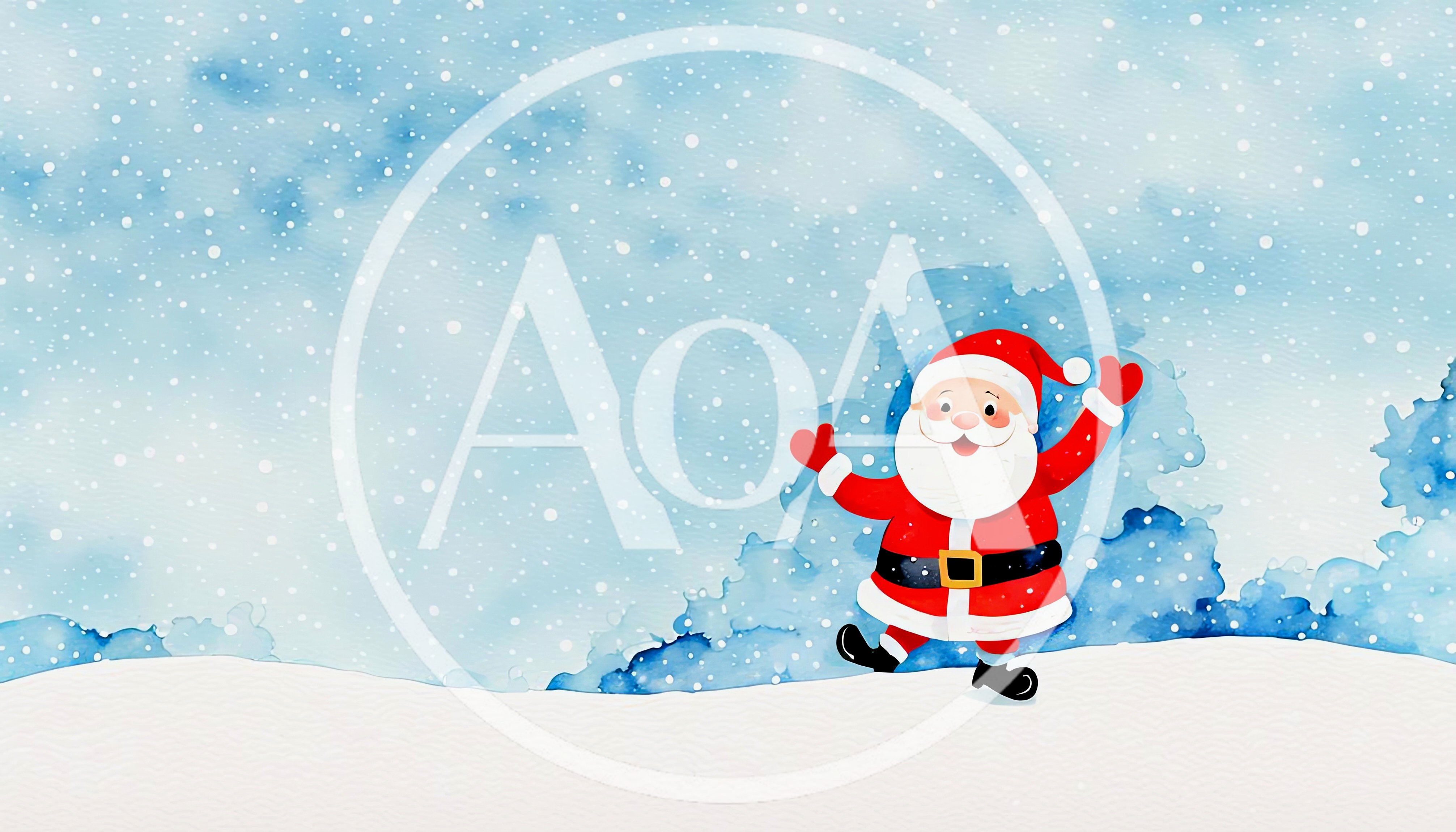 Watercolor Illustration Of Santa Claus Waving In Snow