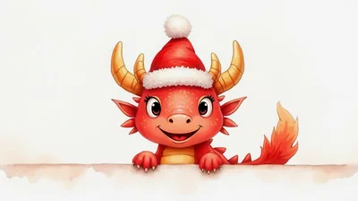 Cute Red Dragon Wearing A Christmas Santa Hat