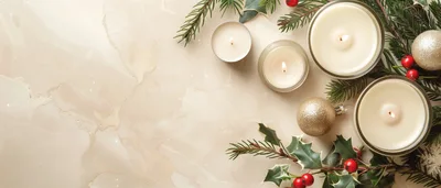 Christmas Candles and Ornaments on Marble Surface