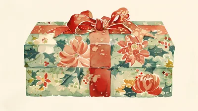 Watercolor Christmas Gift Box With Floral Pattern