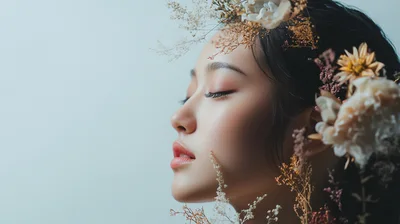 Portrait Of A Young Woman With Floral Hair Accessories