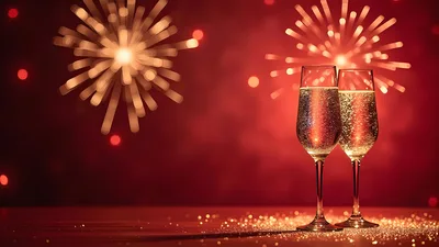 Two Champagne Flutes With Fireworks Background