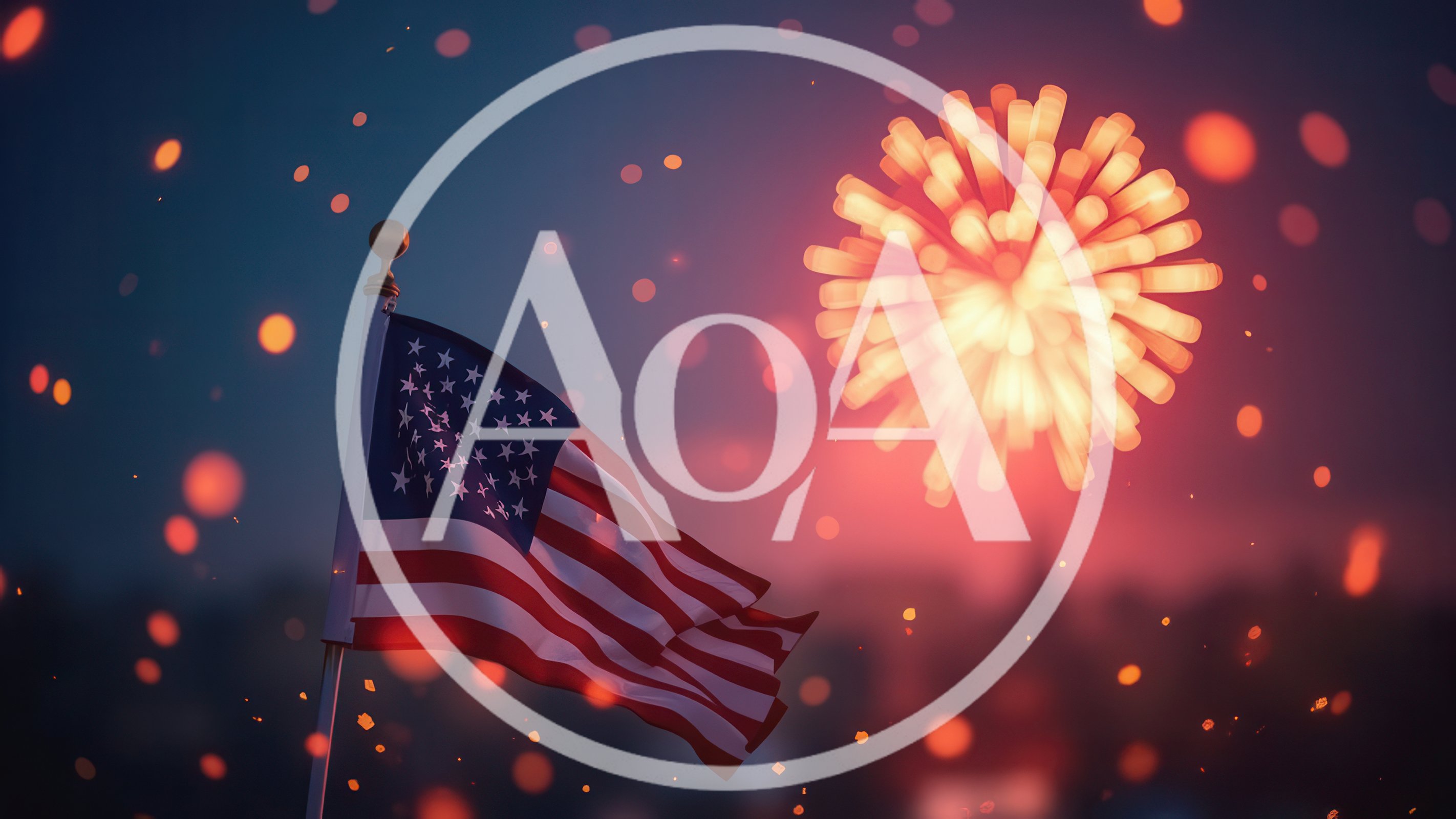 American Flag Waving Against Fireworks Display