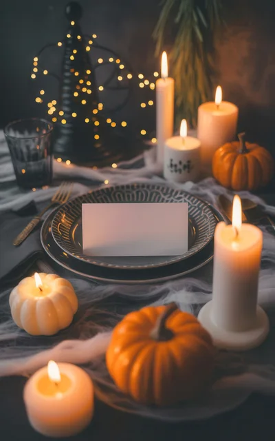 Elegant Halloween Table Setting With Candles And Pumpkins