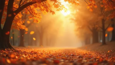 Golden Autumn Forest Path With Falling Leaves