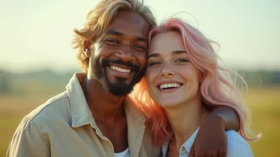 Happy Interracial Couple Smiling Together Outdoors