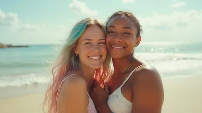 Two Diverse Women Smiling Together on a Sunny Beach