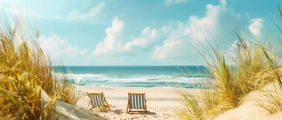 Two Empty Striped Beach Chairs On A Sunny Shore