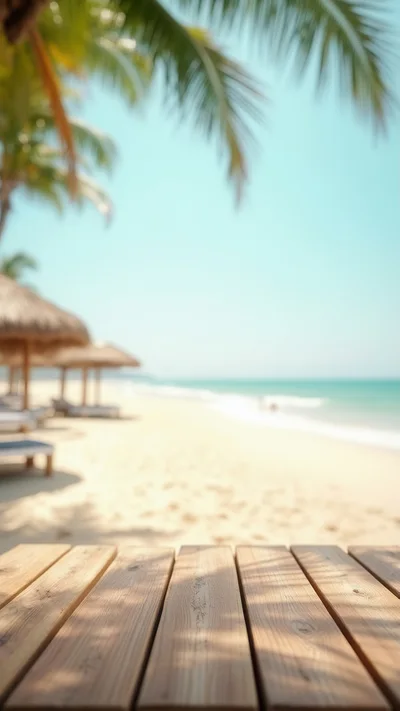 Wooden Table Overlooking A Tropical Beach