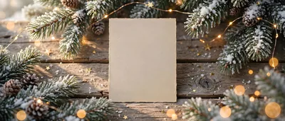 Blank Paper Card on Rustic Christmas Wood Background