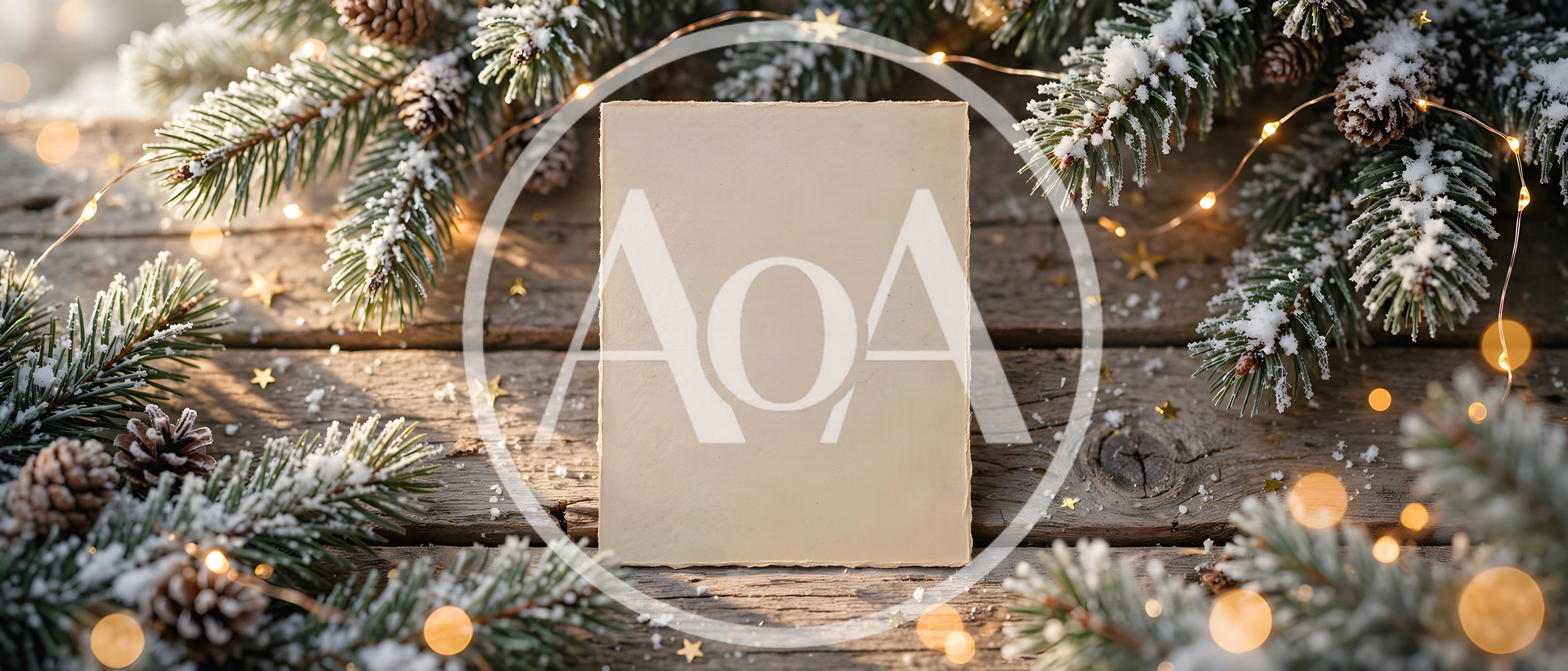 Blank Paper Card on Rustic Christmas Wood Background