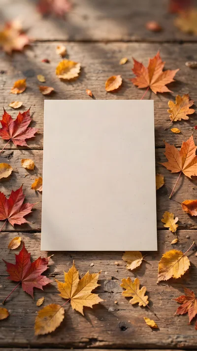 Blank Paper Sheet Surrounded By Autumn Leaves On Wood