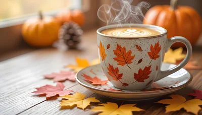 Steaming Latte Cup Decorated With Autumn Leaves