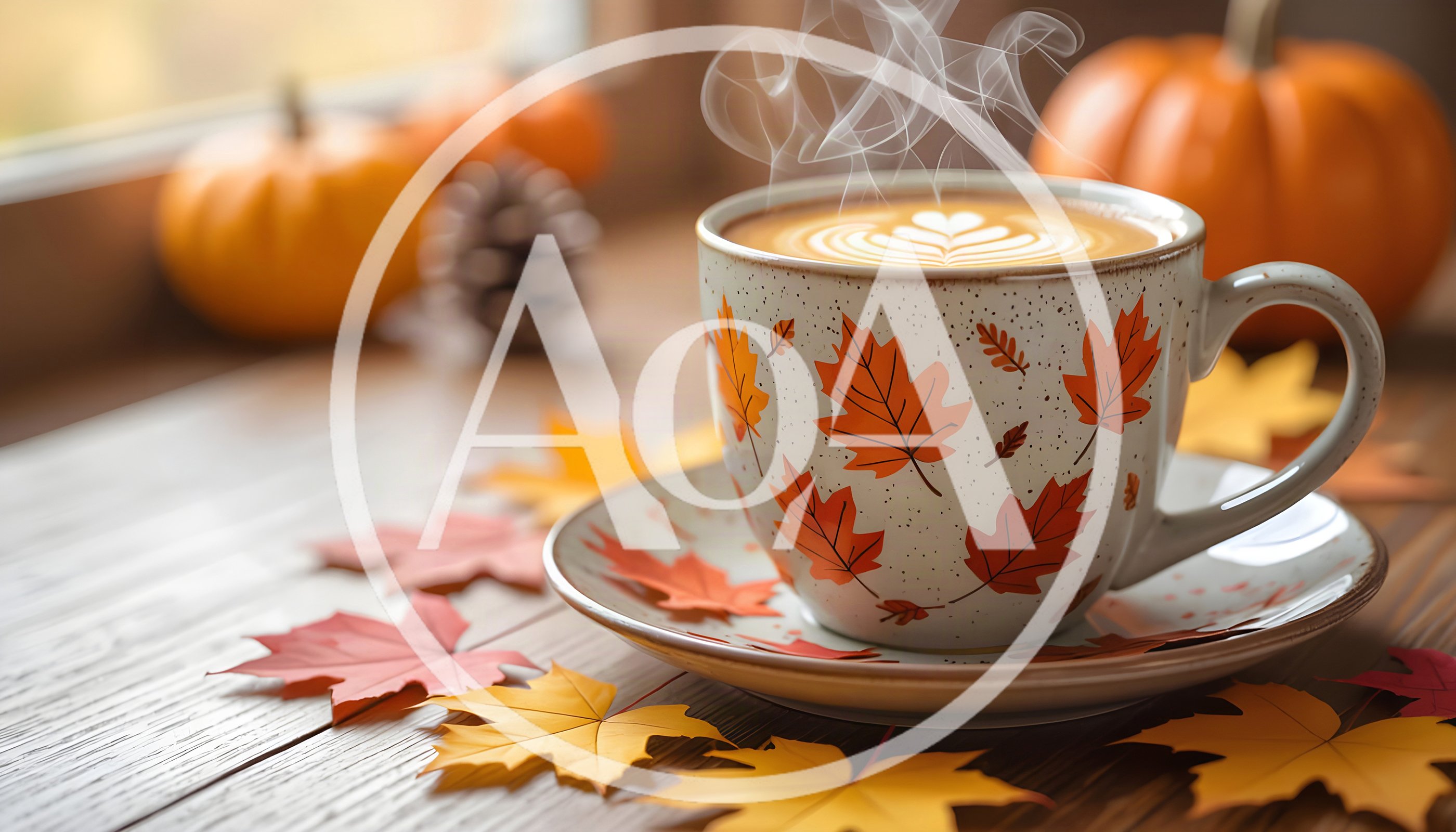 Steaming Latte Cup Decorated With Autumn Leaves