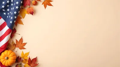 American Flag And Autumn Leaves With Pumpkin