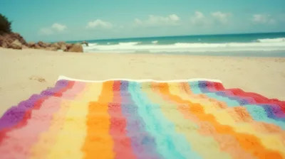Colorful Striped Beach Towel On Sandy Shore