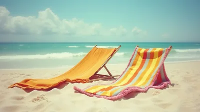Two Empty Beach Chairs On A Sunny Tropical Shore