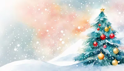 Watercolor Christmas Tree With Ornaments In Snowy Landscape