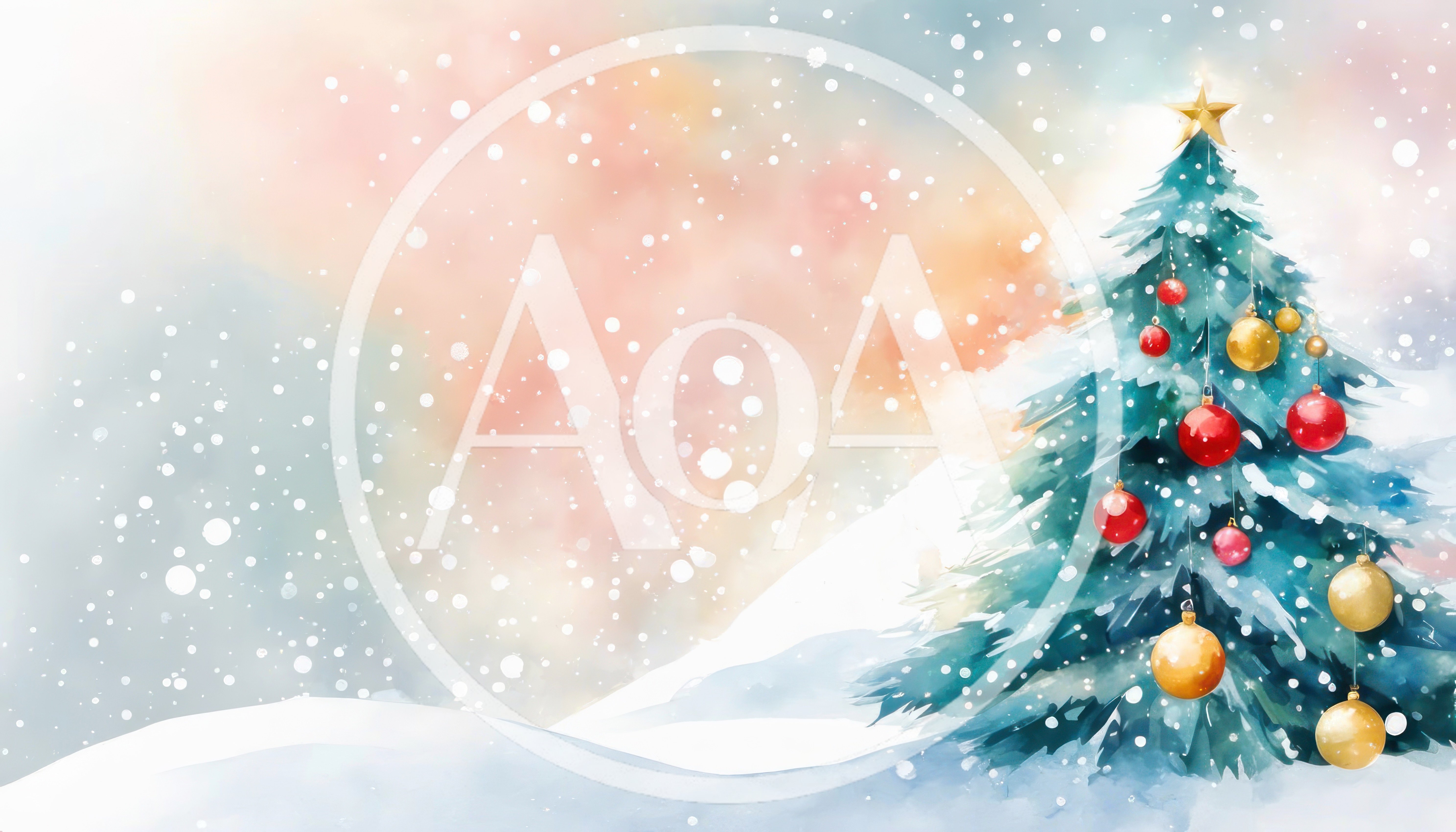 Watercolor Christmas Tree With Ornaments In Snowy Landscape
