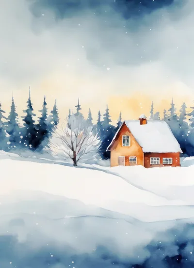 Watercolor Illustration Of A Cozy Winter Cabin