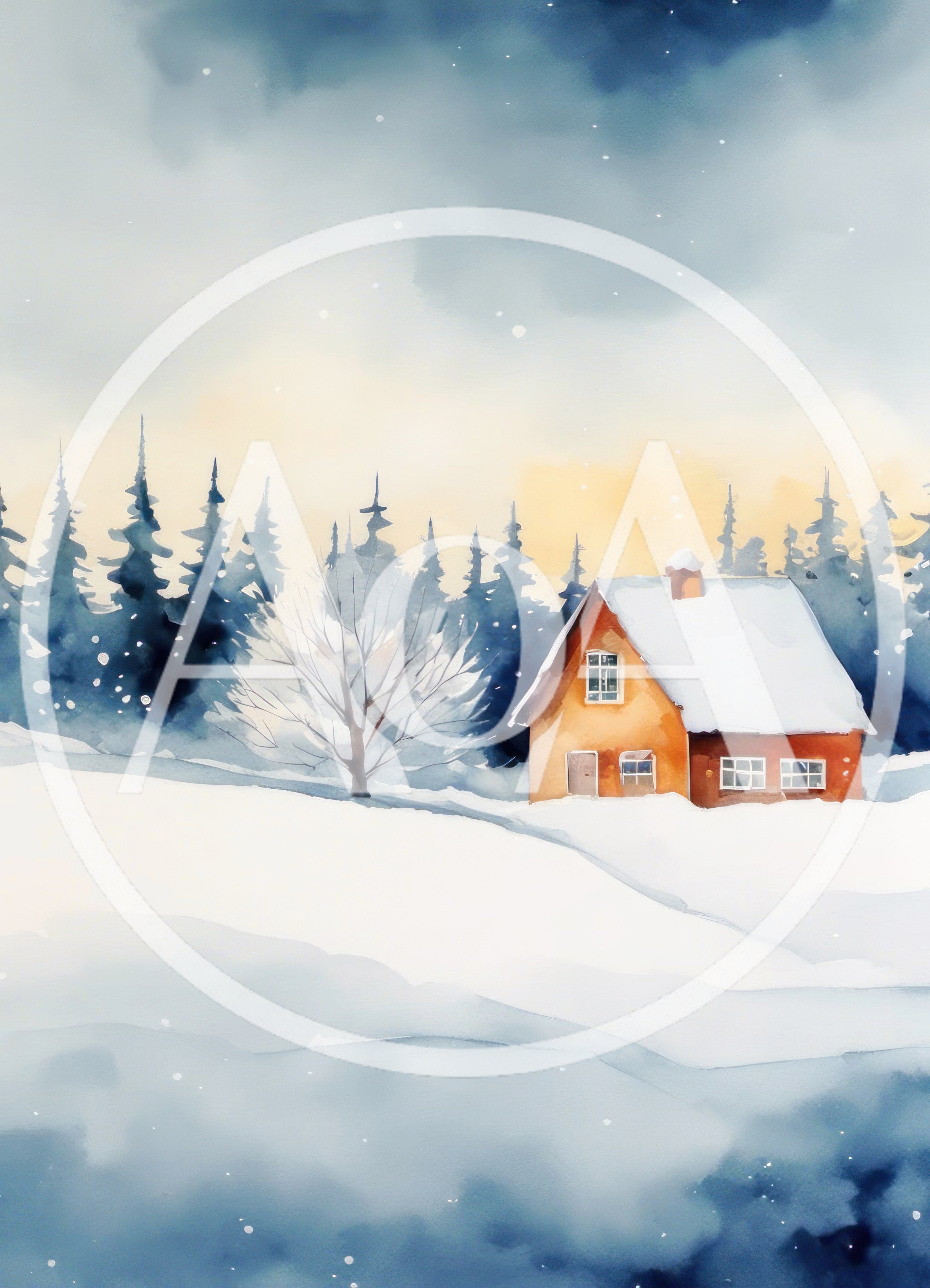 Watercolor Illustration Of A Cozy Winter Cabin