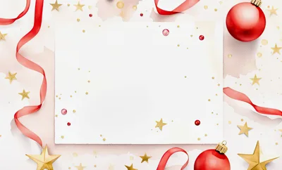 Christmas Greeting Card Mockup With Red Ornaments And Ribbons