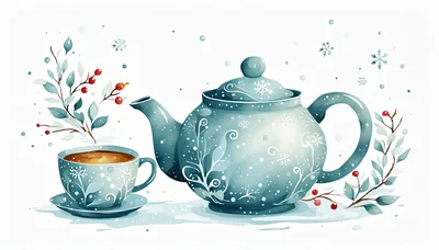 Watercolor Winter Teapot and Cup Illustration
