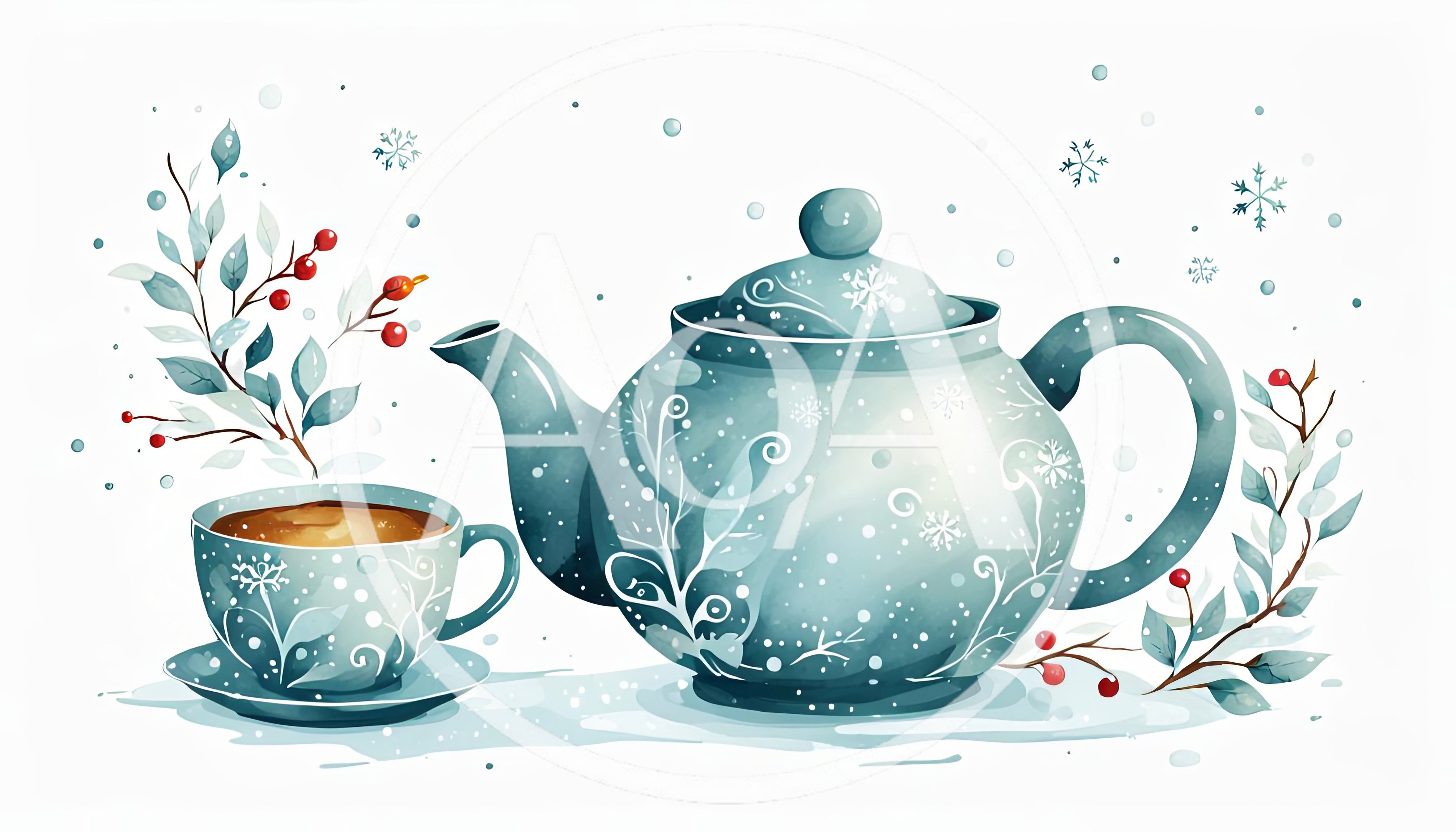 Watercolor Winter Teapot and Cup Illustration