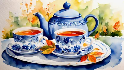 Watercolor Illustration of Blue Teapot and Tea Cups
