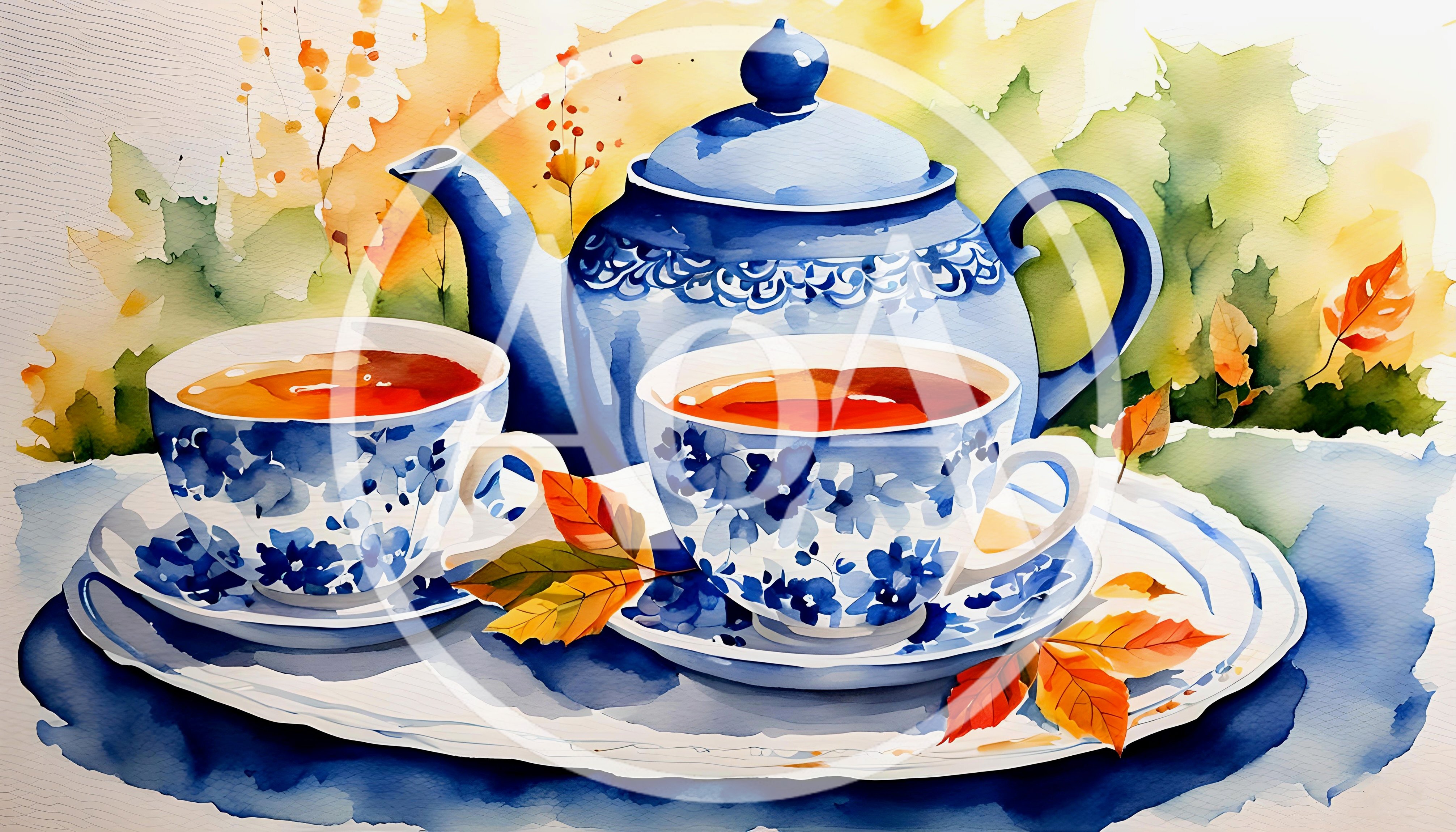 Watercolor Illustration of Blue Teapot and Tea Cups